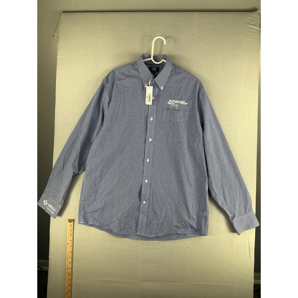 Cutter & Buck Men's Blue Gingham Button Down L Medical Logo Embroidered